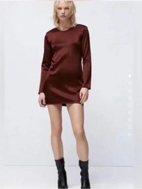 NWT Zara Satin Effect Long-Sleeve Shift Dress in Brown